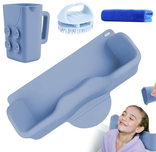 Vurlexat Hair Washing Station for Kids, Portable Silicone Hair Wash Basin with Suction Rinse Cup, Tear-Free Shampoo Bowl with Towel and Shampoo Brush for Sink or Bathtub(Blue)