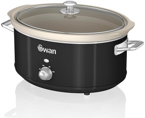 Swan Retro SF17031BNEU Olla Cocción Lenta 6,5L Recipiente Extraíble, Antiadherente Cerámica libre PFOA y PTFE, 3 Niveles Temperatura, Tapa Vidrio, Slow Cooker, Diseño Vintage, Negro, 320W