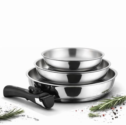 Juego de 3 sartenes de acero inoxidable 18/10 con mango extraíble – Sin PFAS, sin PTFE, sin PFOA – Compatible con inducción, horno y lavavajillas – Estufas apilables 20/24/28 cm – Cocina natural