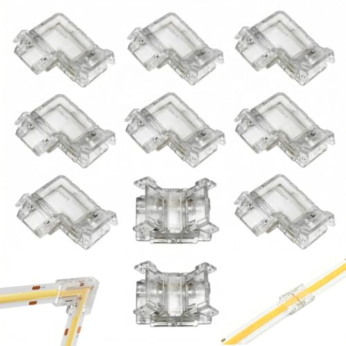 HoxzoDa 10 Piezas Conector de Cinta Led Cob, Incluye 8 Piezas Tipo Ángulo Y 2 Piezas Intermedias Transparentes, 2pin 8mm Universal, Sin Soldadura Requerida