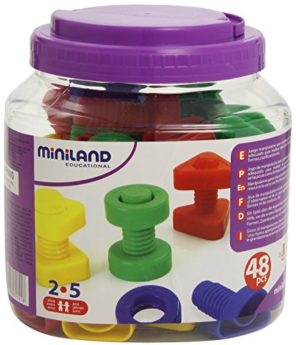 Miniland Bote Contenedor con 48 Piezas, Tornillos y Tuercas, Niños y Niñas +2 años, Coordinación, Trabajo en Clase, Trabajo en Casa | Nuts and Bolts 48pcs