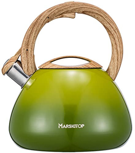 MARSKITOP Whistling tekanna för spis, 2,6 quart tekanna för spis, rostfritt stål tekanna för spis med trämönsterhandtag, ljusgrön