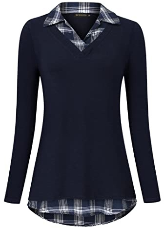 KOJOOIN Blusa para mujer con cuello de camisa, manga larga, color bloque, cuello en V, camisa (embalaje múltiple), Azul Oscuro Cuadros 2, XL