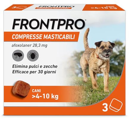 FRONTPRO 3 Compresse Masticabili Antiparassitario per Cani di Peso > 4-10 kg Protegge da Pulci e Zecche, Antipulci in Confezione da 3 Compresse da 28.3 mg di Afoxolaner, 4kg-10kg