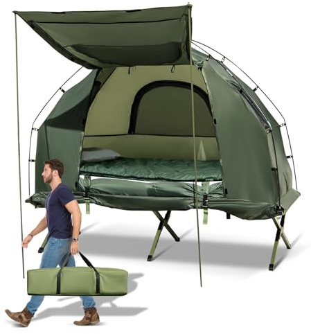 GYMAX Tent Cot, 5-in-1 Folding Camping Cot with Mattress & Pillows, Sleeping Bags, Sunshade, Camping Tent Elevated with Carrying Bag for Outdoor Hiking, Fishing, Picnic (1-Person)