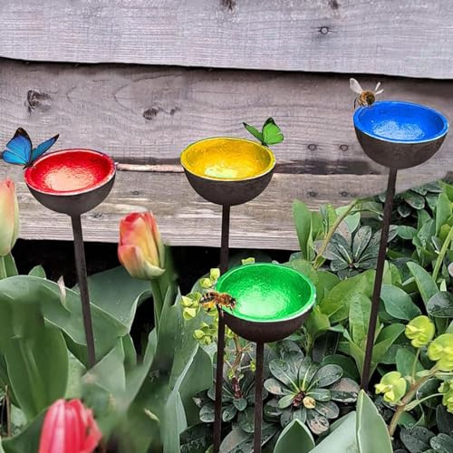 4 Bee Watering Station | Bee Feeder Stakes | Bee Water Feeder Stations | Bee Feeders Bee Watering Stations | Bee Water Catcher Cup Metal Garden Stakes Sculpture Stake For Feeding & Watering