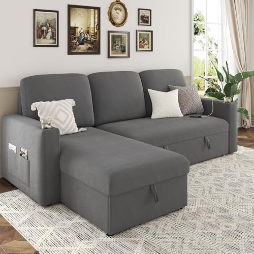 Keyluv 87 Pull Out Sleeper Sofa Bed with Storage Chaise, Reversible 2 in 1 Sectional Sofa Bed with Charging Station and Cup Holder, L-Shaped Sofa Couch for Living Room, Velvet Dark Gray