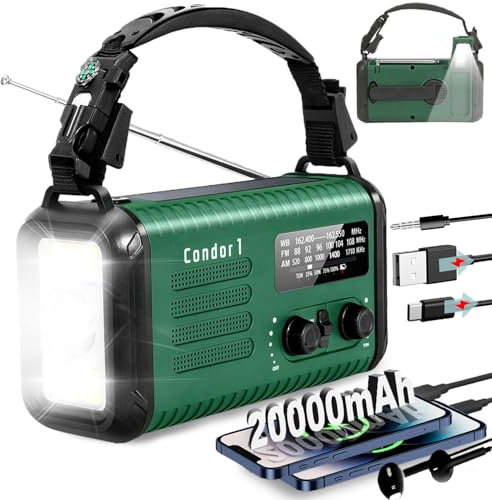 Radio di emergenza a manovella da 20000 mAh/74000 mWh, radio meteorologica AM/FM/NOAA, radio solare alimentata a batteria con caricabatterie per telefono USB, lampada da lettura torcia e SOS per