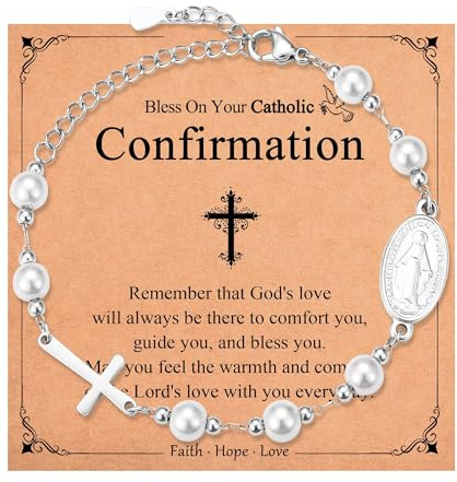 Shuxin Cadeau de baptême pour filles, confirmation, baptême, première communion, pour fille, nièce, petite-fille, bracelet de perles catholique, Vierge Marie et croix pour adolescentes, 22 cm, Argent