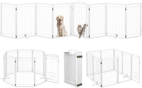 Metal Free Standing Dog Gate with Cat Door for Indoor/Outdoor,160 Extra Wide Foldable Pet Gate,32 Tall Foldable Indoor Dog Fence for Large Openings Stairs,Deck,Yard,Doorways(8 Panels,White)