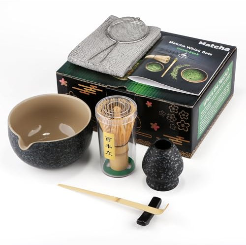 Matcha Set de 7 piezas Premium MatchaTea Set con cuenco Matcha, escoba de bambú y cuchara de matcha, cuchara de filtro, soporte para batidor de matcha, juego de té matcha japonés, negro moteado