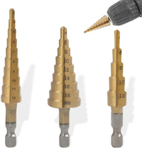 3 Fresa Conica, 4-12 mm/4-20mm/3-12mm Trapano in Titanio, Punte a Gradino con Gambo Esagonale, Punte Coniche a Doppia Scanalatura, per Eseguire Foro In Metallo Acciaio Ottone Legno Plastica Ferro