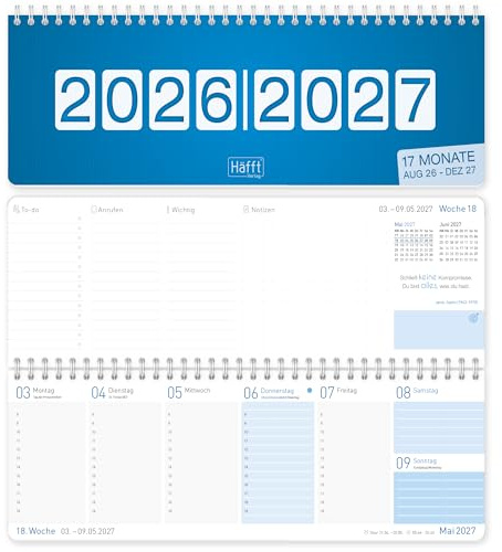 Häfft® Tischkalender 2026 2027 Königsblau (17 Monate) – Aug 2026 bis Dez 2027 – Wochenkalender Querformat – Terminplaner mit To-do-Listen, Steuerterminen & Ferienterminen
