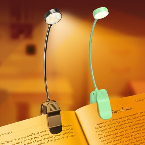 KTEBO Book Reading Light 2 Packs Rechargeable, Eye Care 10 LED Lamp for Reading in Bed - Adjustable Brightness, 3 Color Temperatures 30+ Hours Runtime, Gifts for Book Lovers, Green & Black