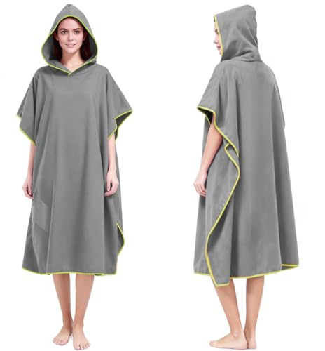 AUYAO Surfponcho, 107 cm x 80 cm handduksponcho med huva för vuxna, omklädningscape med spänne, snabbtorkande mikrofiber, unisex handduksponcho, perfekt för semester, surfing och strand, ljusgrå