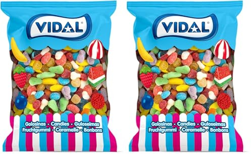Vidal Golosinas. Mini Mix Azúcar. Surtido de golosinas con forma de frutitas mini recubiertas de azúcar. Multicolor. Sin Gluten. Bolsa 1 kg (Paquete de 2)