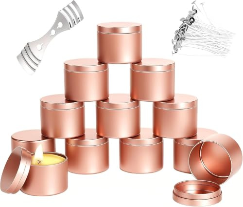 Dexpally 12-pack tomma ljusglas med lock, 120 ml roséguld, inklusive 60 vekar – perfekt för DIY-ljus, kryddor, smycken, puder & godis