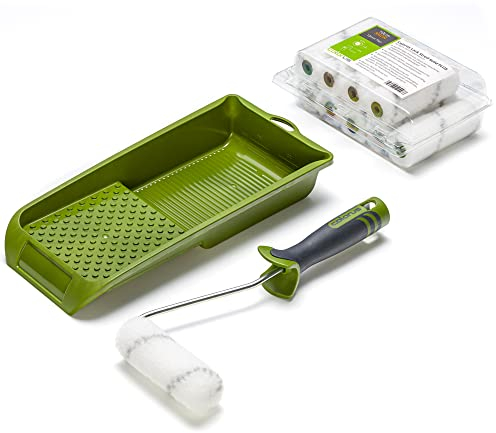 Lackier Set 12-teilig | Colorus Lackierwalzen Set für zähe und lösemittelhaltige Lacke | Anti-Spritz-Walze aus Nylon mit 13 mm Flor | Inklusive 2 x Farbwalzenbügel und 2 x 15 cm x 32 cm Farbwannen