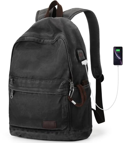 Muzze Canvas Backpack for Women and Men, Lightweight Classic Laptop Backpack with USB Charging Port for School, Travel and Daily Use, Black