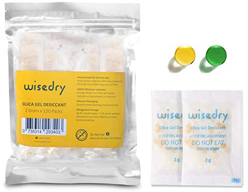 wisedry Lot de 120 petits sachets de gel de silice anti-humidité de qualité alimentaire pour placard, armoires, coffres, outils et stockage 2 g chacun