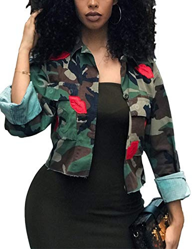 Sexyshine Women's Casual Long Sleeve Military Camo Outwear Lip Print Button Down Short Jacket(GR,2XL)