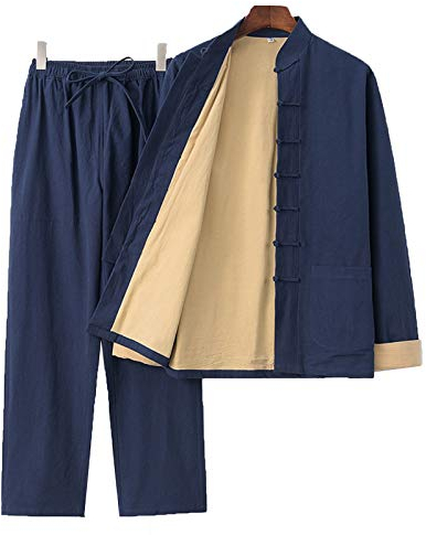 Herren Kung Fu Leinen Anzug - Traditionelle Lange ÄrmelKampfkunst Uniform Tai Chi Klassisch Tangzhuang,Geeignet für Morgengymnastik Judo Wushu Wing Chun(Color:Navy blau,Size:4XL)
