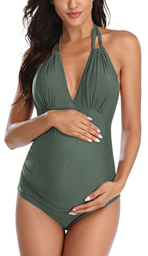 EastElegant Trajes de baño de Maternidad de una Pieza con Cuello en V Embarazo Trajes de baño Halter, Ejercito Verde, Medium
