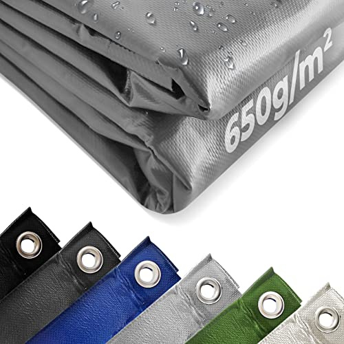 Jago® Lona Impermeable Exterior - 5x8 m, Ojales, Resistente a Altas Temperaturas y Rayos UV, PVC, Poliéster, Gris - Cubre Piscina, Suelo Camping, Remolque, Caravana, Toldo, Tapar Leña, Multiuso