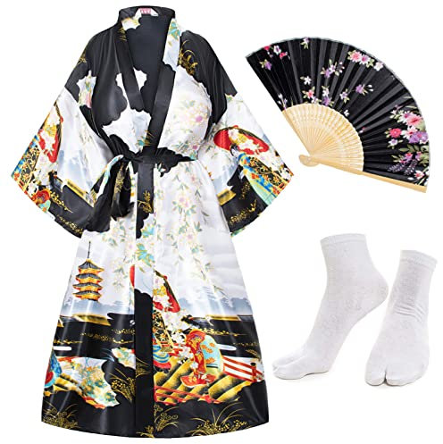 Heone Japanese Long Kimono Satin Printed Lightweight Cardigan Jacket Coat Loose Yukata Cloak Bathrobe Tops folding fans Tabi socks set(Black XL-5XL), Black, X-Large-5X-Large
