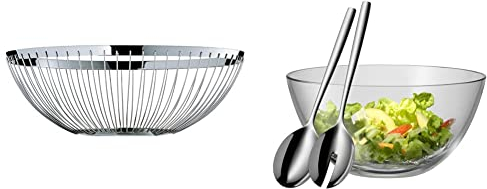 WMF Concept Obstkorb groß 26 cm, dekorative Obstschale, Brotkorb, Cromargan Edelstahl poliert & Taverno Salatschüssel Set 3-teilig, Salatbesteck 25 cm mit Salatschale, runde Schale 23,5 cm, Glas