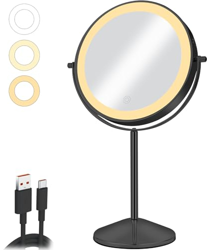 AumVum 8 Kosmetikspiegel mit Beleuchtung Wiederaufladbarer, 1X/10X Vergrößerungsspiegel mit Licht 54 LED-Leuchten 3 Farben Beleuchtung Helligkeit 360° Schwenkbar für Schlafzimmer, Schwarz
