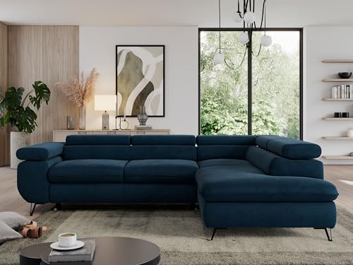 MKS MEBLE Sofa L, Wohnlandschaft L-Form mit Schlaffunktion und Bettkasten, Schlafsofa mit Bettkasten, Ecksofa, Sofa mit Einstellbare Kopfstützen, Pedro L - Dunkelblau Velvet - Rechts