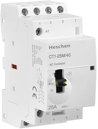 Heschen modulär hushålls-AC-skydd, CT1-25M/40, 25A, 4-poler, 4NO, fyra normalt öppna; 220 VAC spolar, 35 mm DIN-skenmontering, med manuell kontrollbrytare