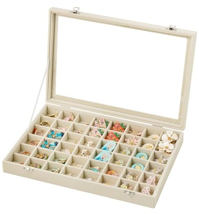 Frebeauty 48-Grid Jewellery Tray, Adjustable Earring Holder Organiser with Glass Lid, Velvet Drawer for Rings & Studs, 13.8 x 9.5 x 2 Inches, Display Box, Gift for Women (Beige)