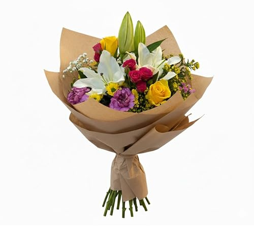 Colorburst Elegance Bouquet with White Lilies - Yellow Roses, Pink Carnations for Anniversary, Wedding, Birthday, Baby Celebration, Lovers Day, Sympathy, Memorial Service, Delivery Gift