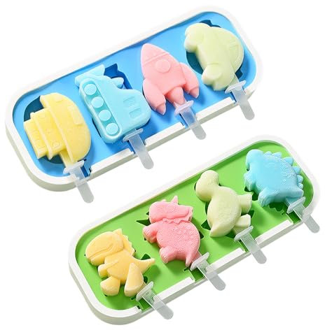 Volumoon 2 Piezas Moldes de Paletas, Molde Helados Silicona, Moldes para Tartas con Forma de Dinosaurio o Vehículo, Reutilizable Poleras Helado para Chocolate, Dulces, DIY (Verde y Azul)