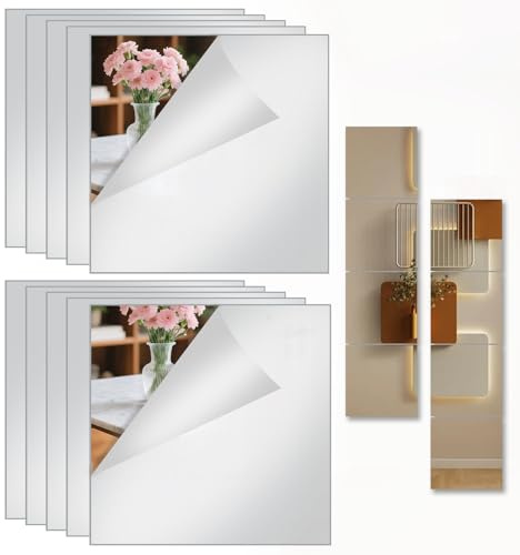 Coco Berming 10 Piezas Espejo Adhesivo de Pared Acrílico, Espejos Adhesivos de Paredc 20x20cm, Espejo Pegatina Flexibles para Decoración del Hogar Baño Dormitorio Sala de Estar Armario (10)