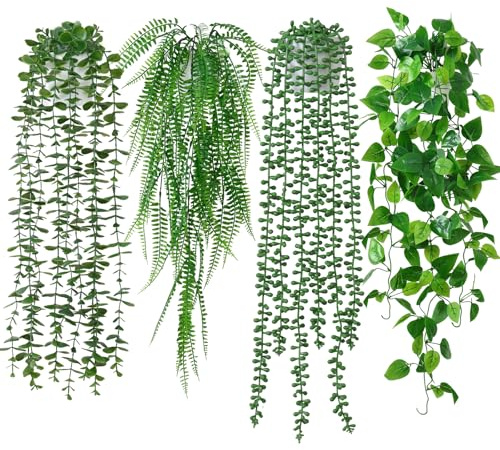 4 plantas artificiales colgantes plantas artificiales colgantes en maceta, plantas colgantes en maceta, plantas falsas, decoración de hojas de eucalipto artificiales en maceta para casa, jardín