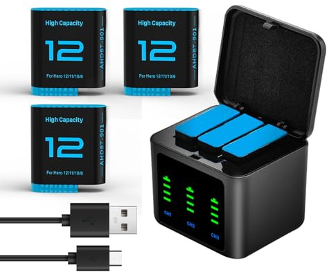 3 Stück 2580mAh Ersatzakkus für Gopro Hero 12/11/ 10/9 mit 3-Kanal Typ-C Akku-Ladestation USB-C-Aufladen