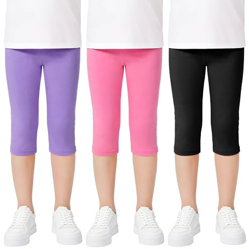 Domueay Girls 3/4 Capri Leggings 3 Pack Ages 9-10 Years, Black Purple Pink