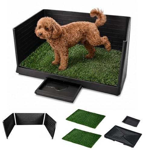 Toilette pour chien avec bordure sur 3 côtés 75 x 51 x 36,5 cm, 2 tapis en gazon artificiel réutilisables, évacuation rapide de l'eau, facile à nettoyer, bac de récupération pour petits chiens
