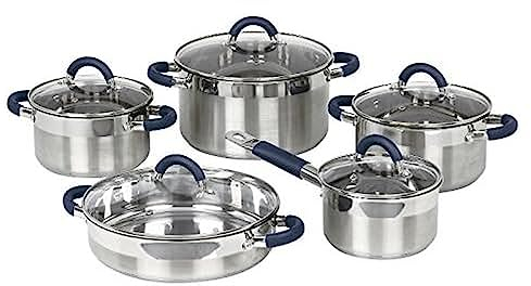 Jata BC10 - Batería Cocina 10 piezas de Acero Inoxidable, Antiadherente, Apta para Todo Tipo de Cocinas Incluso Inducción, Tapa Vidrio Temperit