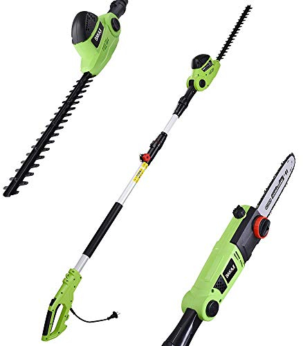 BAKAJI Cortasetos telescópico eléctrico con barra extensible, corta setos hoja 41 cm con inclinación, hoja ajustable mantenimiento jardín, cortabordes desbrozadora (700 W con motosierra 2 en 1)