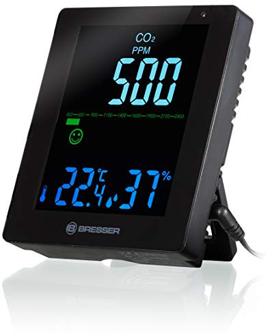Bresser CO2 Luftqualitätsmonitor Smile, Luftqualität, Messgerät für die Raumluft mit Kohlendioxid Melder und Anzeige von Luftfeuchtigkeit und Temperatur, Lüftungsempfehlungen, schwarz