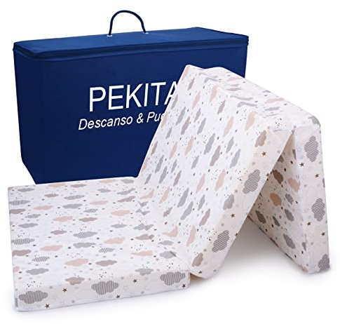 PEKITAS Matratze Klapp Reisebett 60x120 cm Höhe 6 cm für Baby Reisebettmatratze Bezug Waschbar Zusammenklappbar Transporttasche inklusive Clouds
