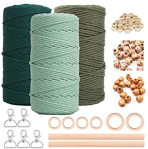 Makramee Garn 3mm x 60m 3er Makramee Set für DIY Handwerk Makramee Wandbehang Traumfänger Blumenampel Vorhang Bastelset Schnurkette, Mit 5 Schlüsselanhänger 60 Holzperlen 6 Holzringe 2 Rundstab