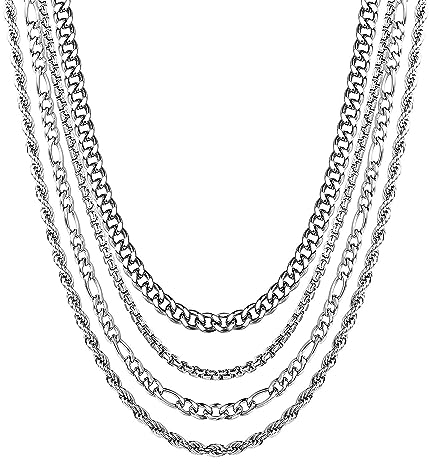 YADOCA 4PCS Silber Kette Herren Edelstahl Halskette für Männer Frauen Kubanisches Seil Figaro Box Kette Herren Halskette, Geschenke für Damen Mädchen Männer Jungs
