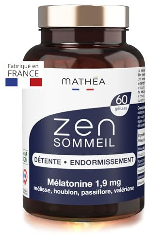 Melatonine 1,9mg + Valeriane Passiflore Melisse Houblon Mélatonine. Complement alimentaire Sommeil adulte Puissant pour Dormir + Detente Relaxation, anti Stress Anxiété Angoisse 60 gelules ZEN SOMMEIL