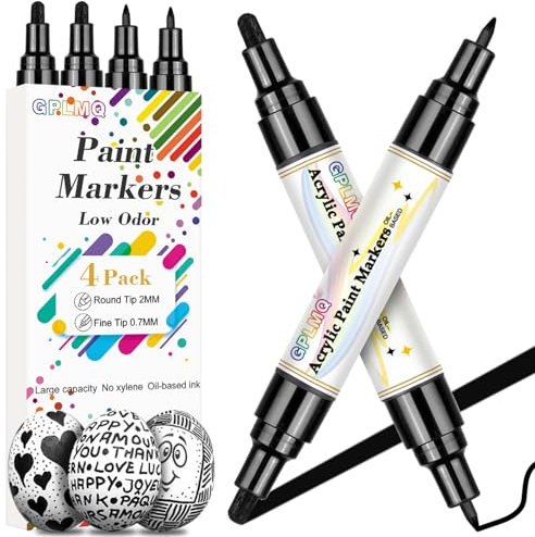 GPLMQ Acrylstifte für Steine Wasserfest mit Doppelspitze, 4 Schwarz Acrylic Paint Marker Stifte für Holz, Stein, Steinmalerei, Holz, Glas, Basteln, Keramik, Leinwand, Kunstbedarf Basteln