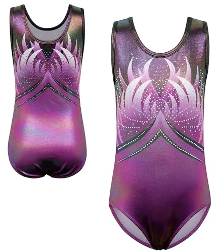 XFGIRLS Justaucorps de gymnastique sans manches scintillant pour filles de 3 à 14 ans, noir/violet, 13-14 ans